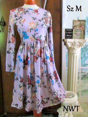 ZESICA DRESS, M, ROSE PRINT FIT 'n FLARE MIDI, LONG SLEEVES, TWIRLY SKIRT, NWT